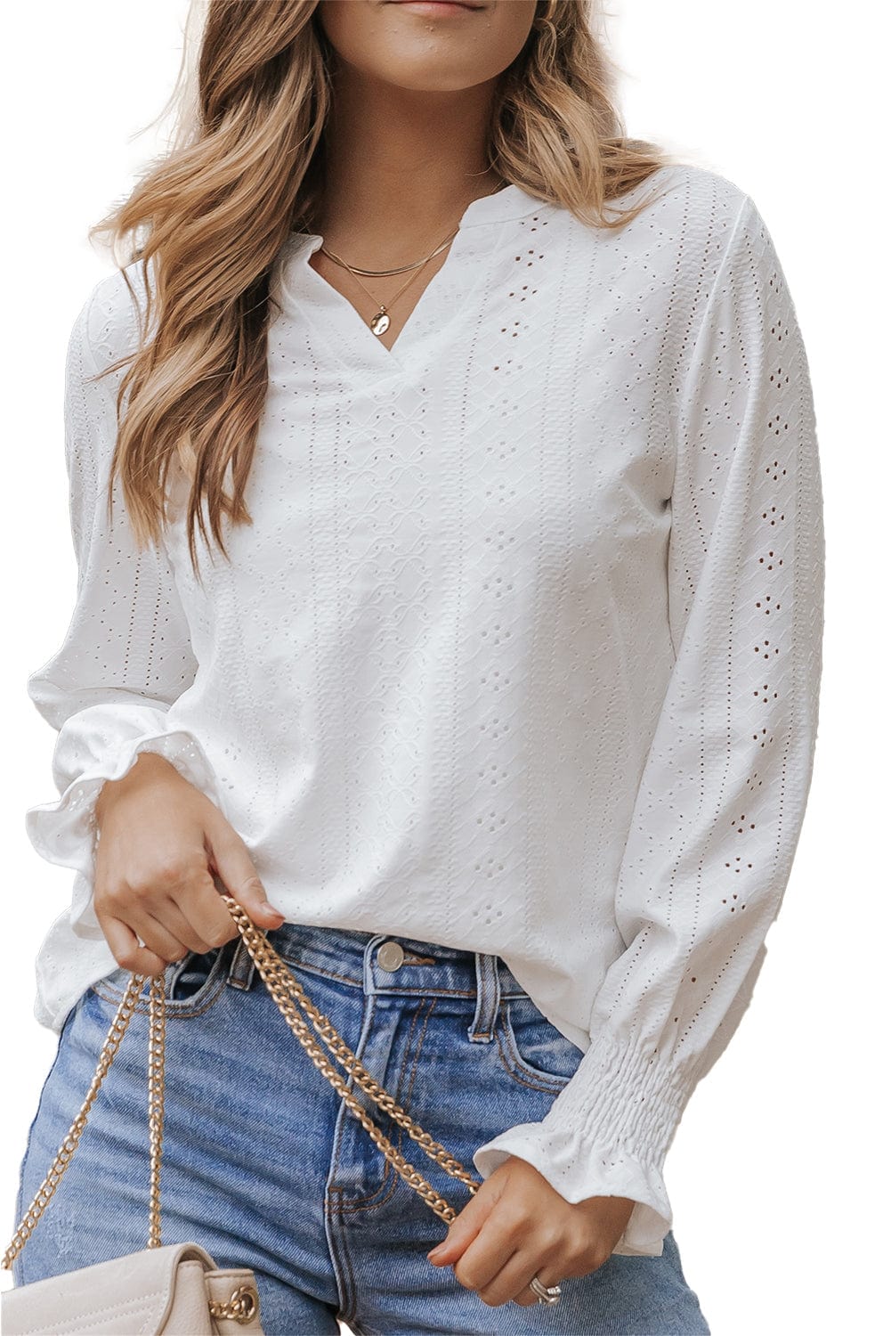 Solid Color Hollow V-Neck Ruffle Sleeve Casual T-Shirt