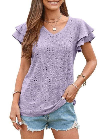 Solid Color Hollowed-Out Lotus Leaf Sleeve Casual T-Shirt