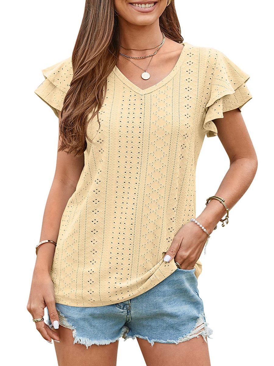 Solid Color Hollowed-Out Lotus Leaf Sleeve Casual T-Shirt