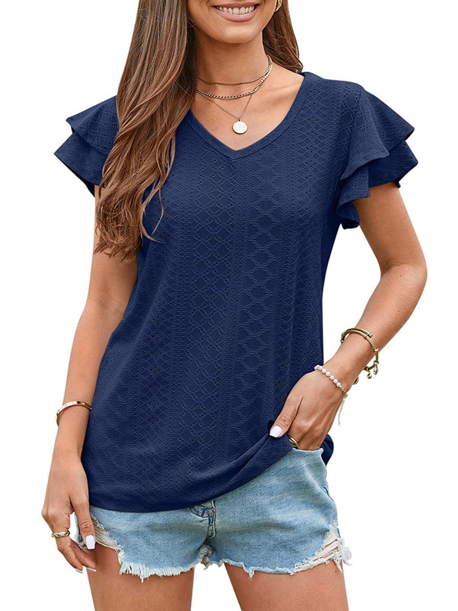 Solid Color Hollowed-Out Lotus Leaf Sleeve Casual T-Shirt