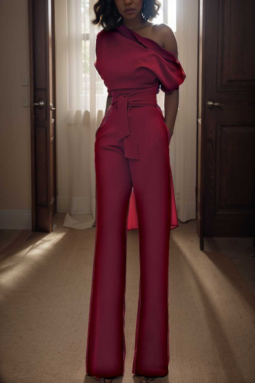 solid color one shoulder short sleeve jumpsuit 110194