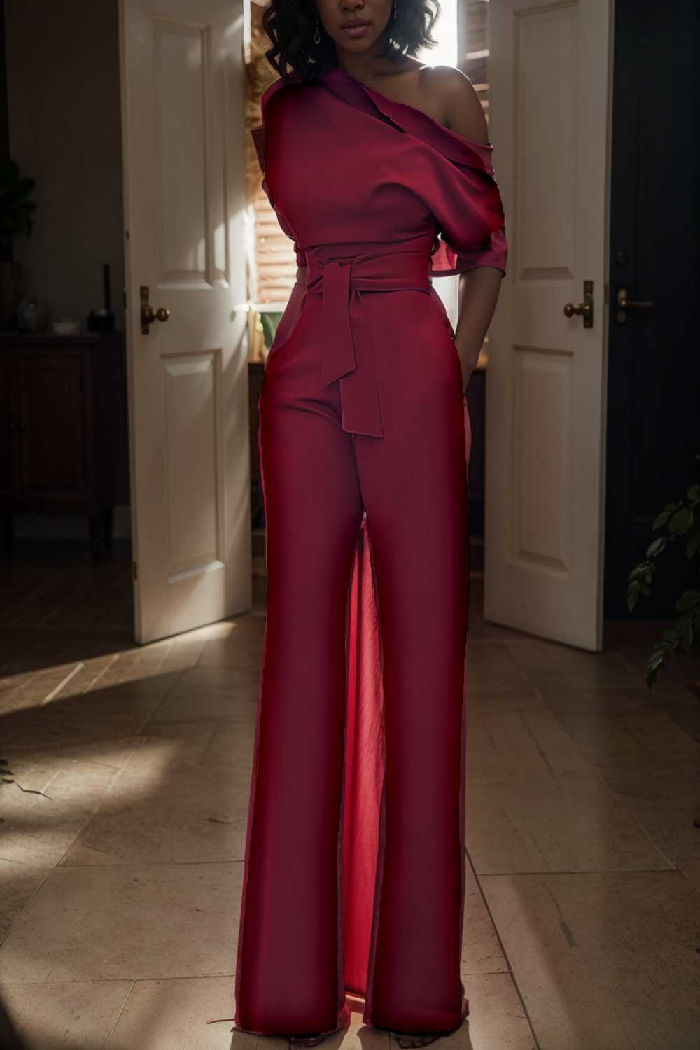 solid color one shoulder short sleeve jumpsuit 110193