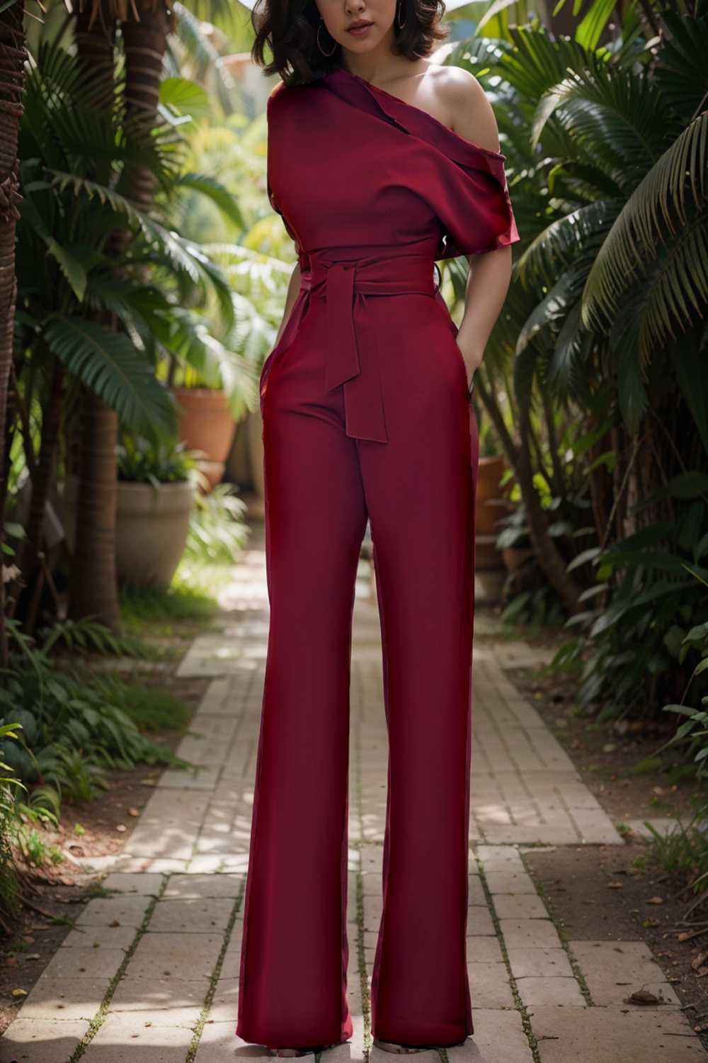 solid color one shoulder short sleeve jumpsuit 110192