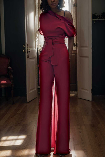 solid color one shoulder short sleeve jumpsuit 112267