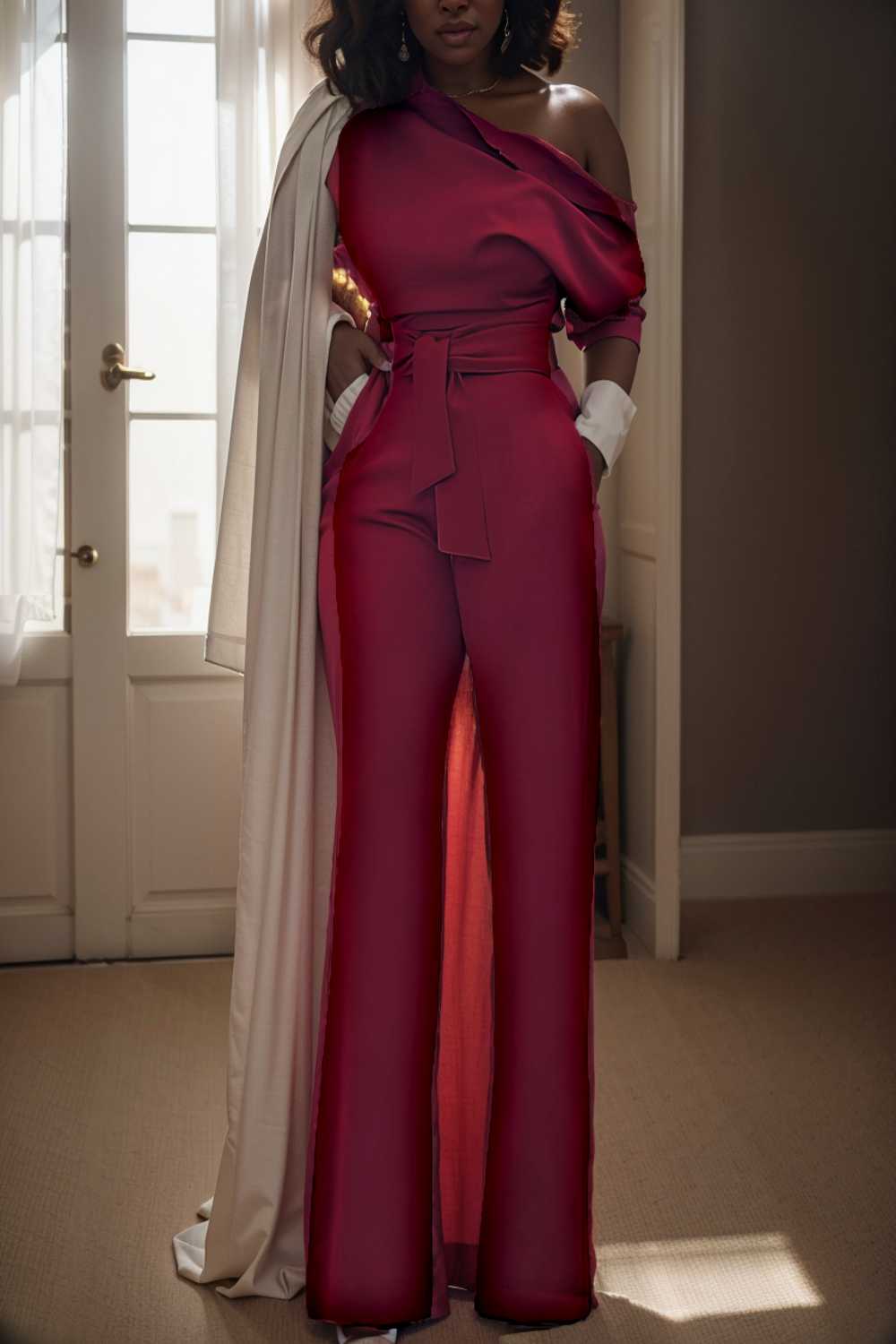 solid color one shoulder short sleeve jumpsuit 112260