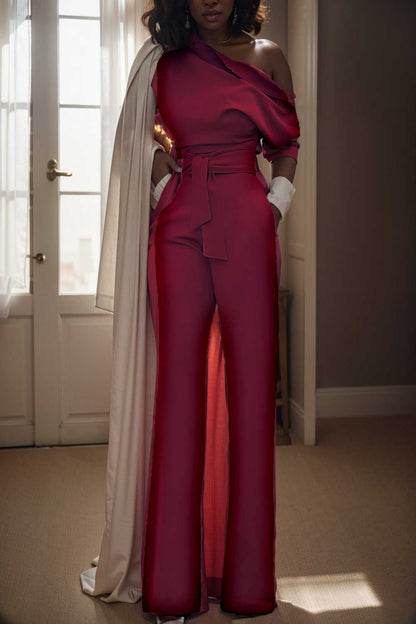 solid color one shoulder short sleeve jumpsuit 112260