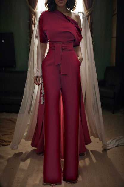 solid color one shoulder short sleeve jumpsuit 112259