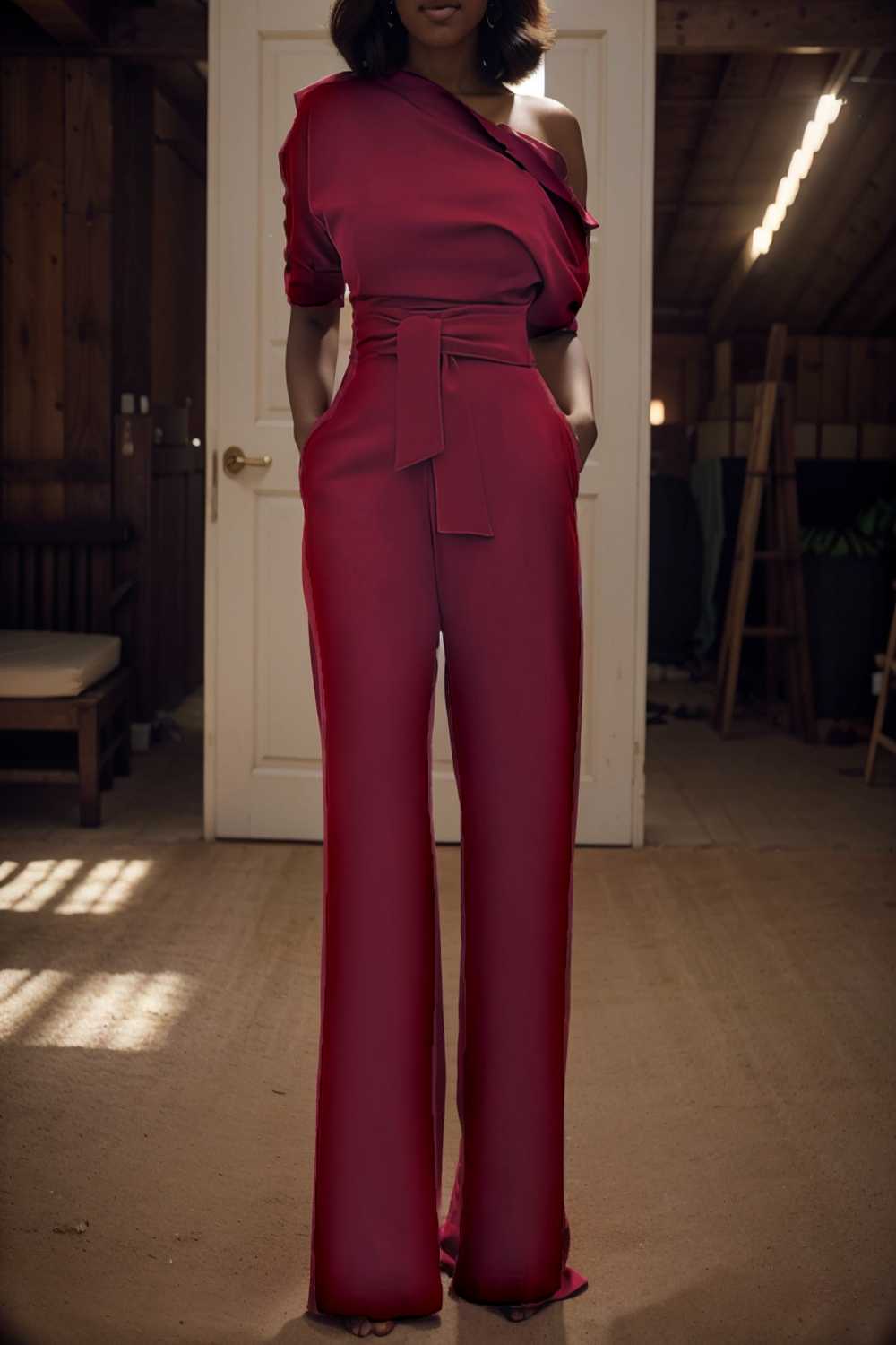 solid color one shoulder short sleeve jumpsuit 107943