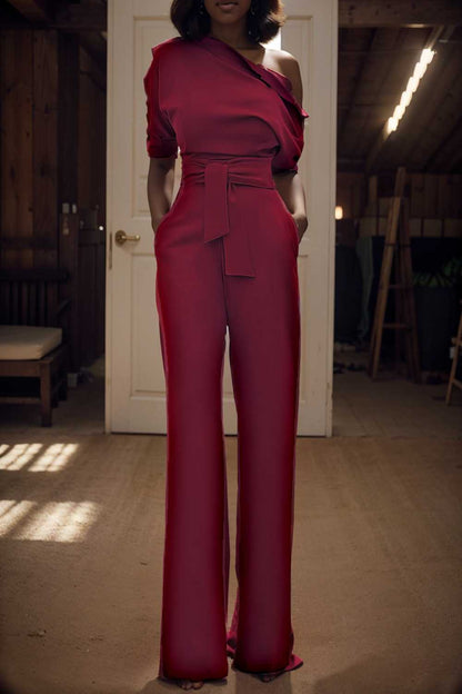 solid color one shoulder short sleeve jumpsuit 107943