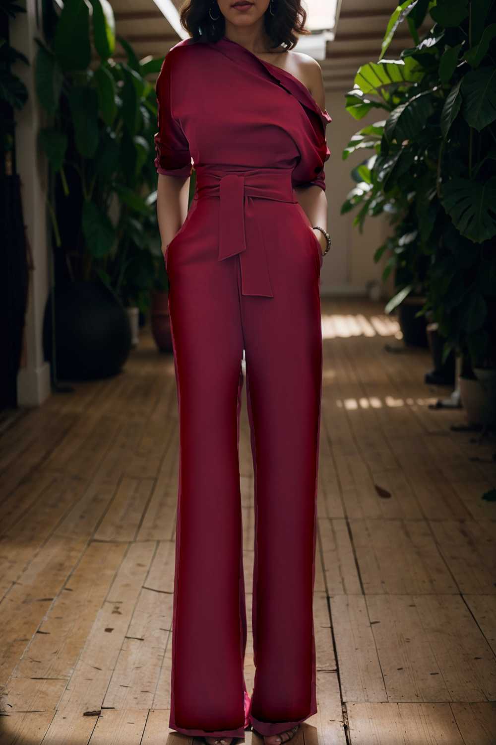 solid color one shoulder short sleeve jumpsuit 108482