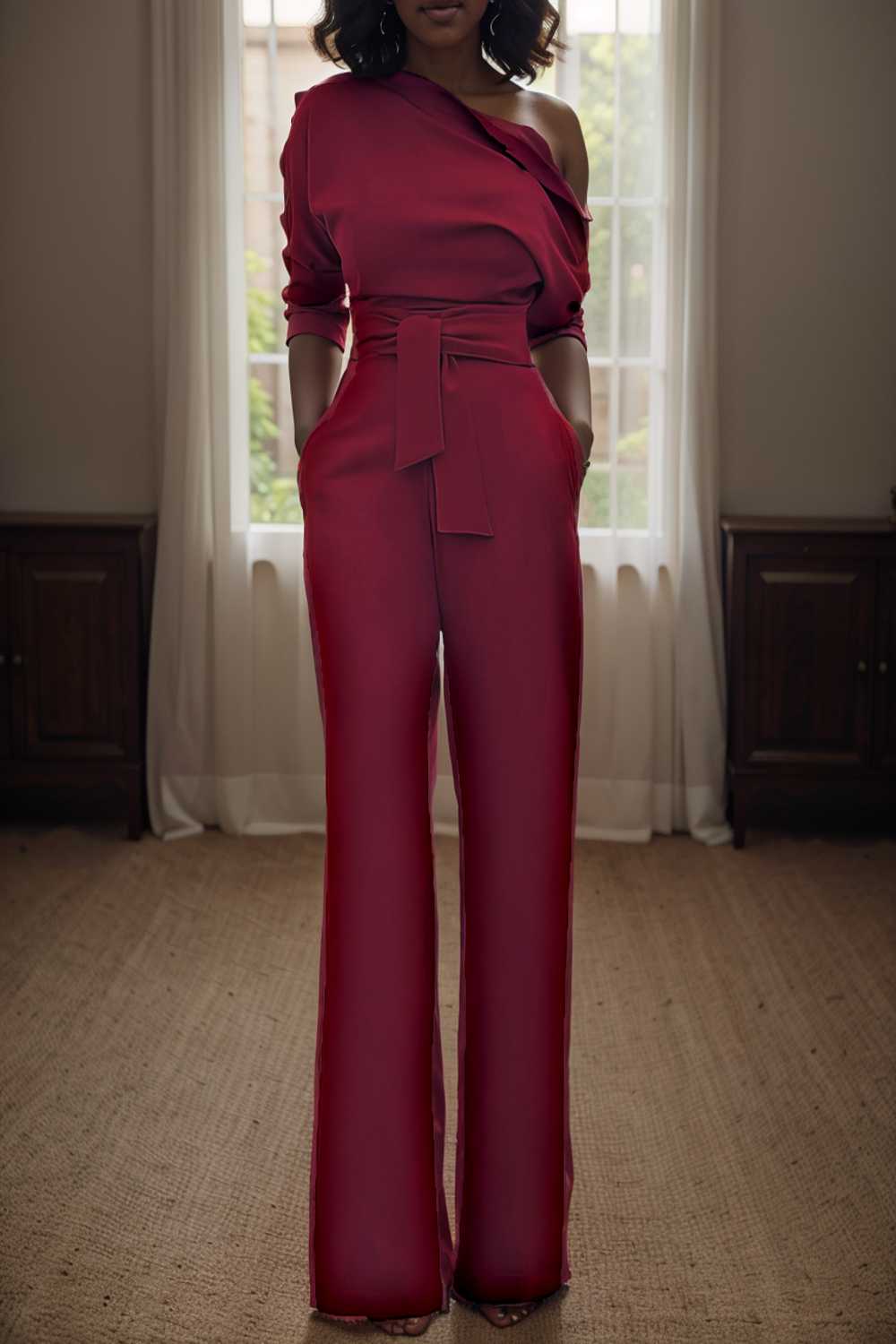 solid color one shoulder short sleeve jumpsuit 110191
