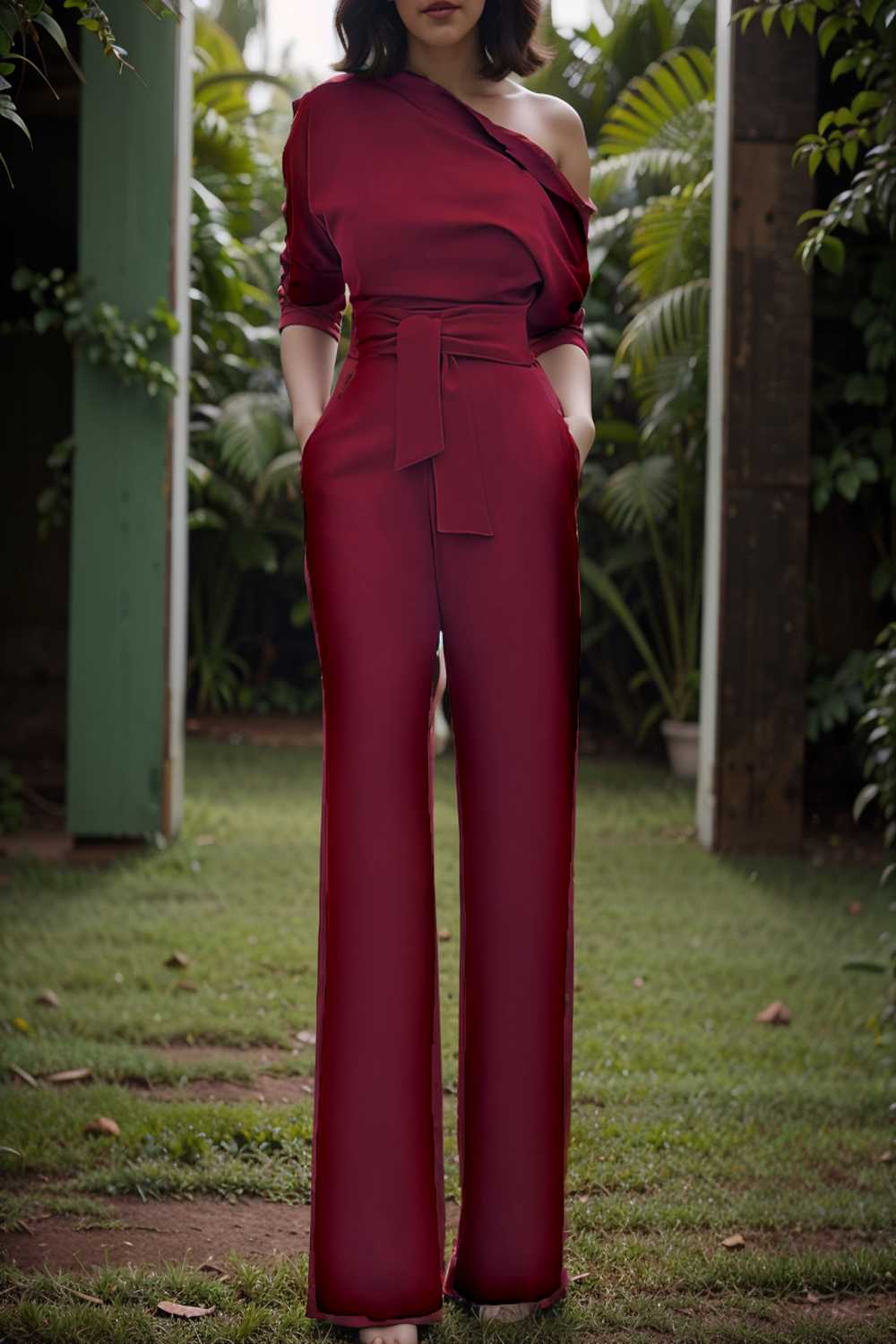solid color one shoulder short sleeve jumpsuit 112253