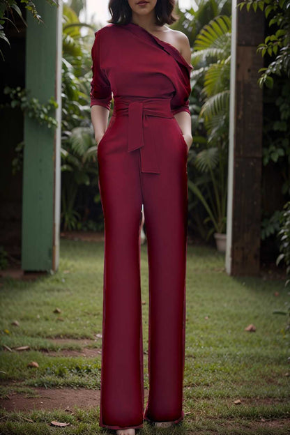 solid color one shoulder short sleeve jumpsuit 112253