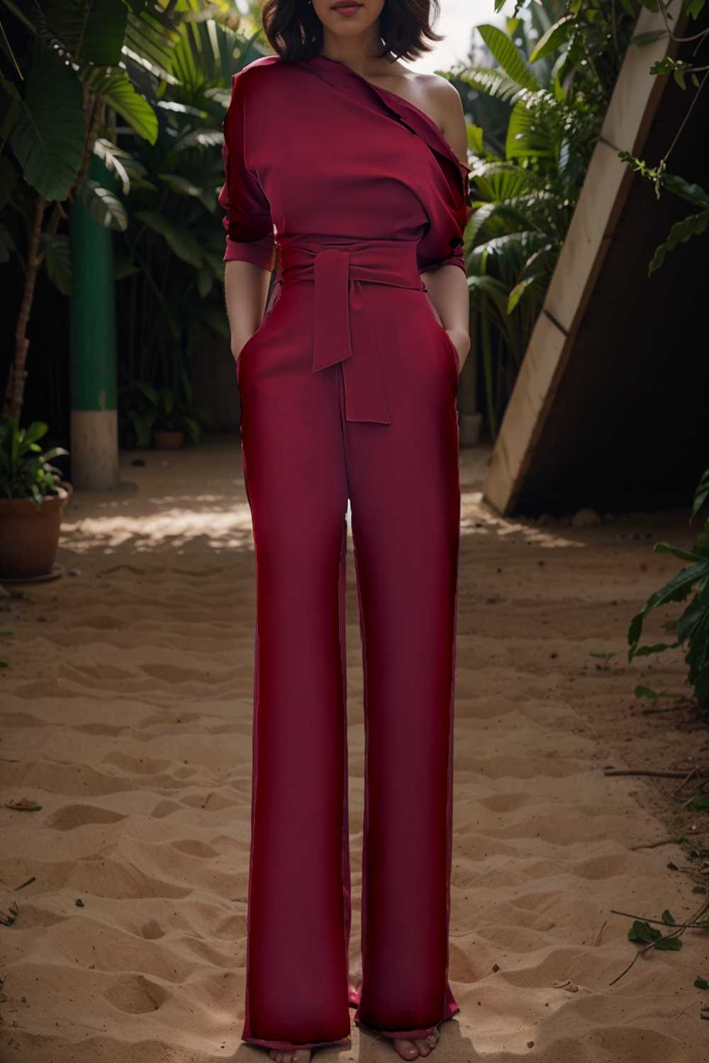solid color one shoulder short sleeve jumpsuit 112247