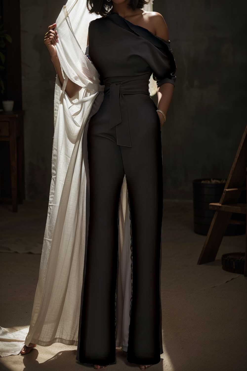 solid color one shoulder short sleeve jumpsuit 112244