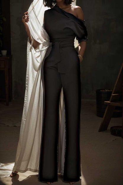 solid color one shoulder short sleeve jumpsuit 112244