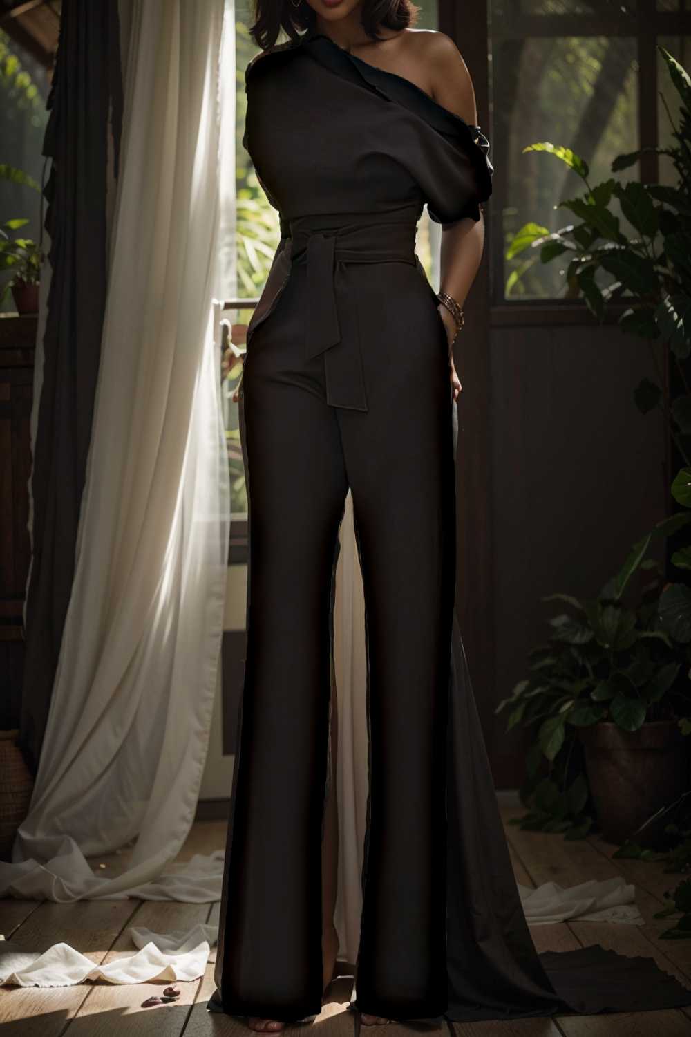 solid color one shoulder short sleeve jumpsuit 112243