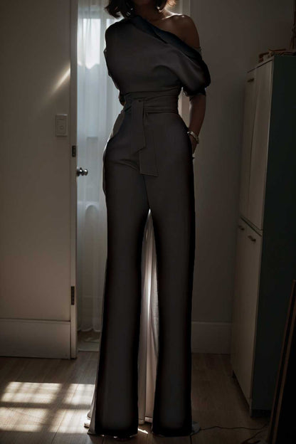 solid color one shoulder short sleeve jumpsuit 112237