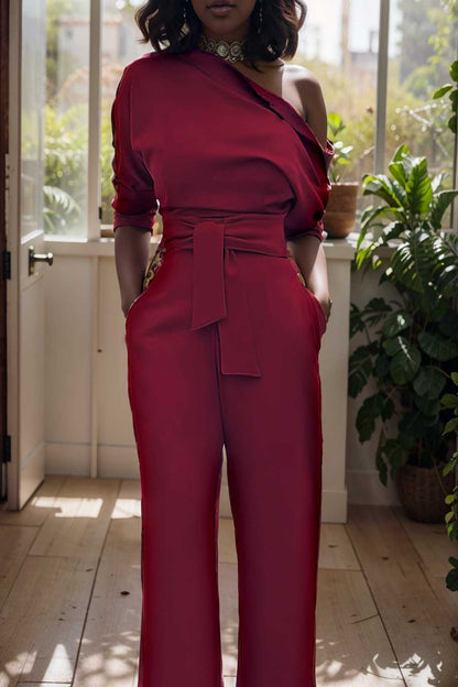 solid color one shoulder short sleeve jumpsuit 108474