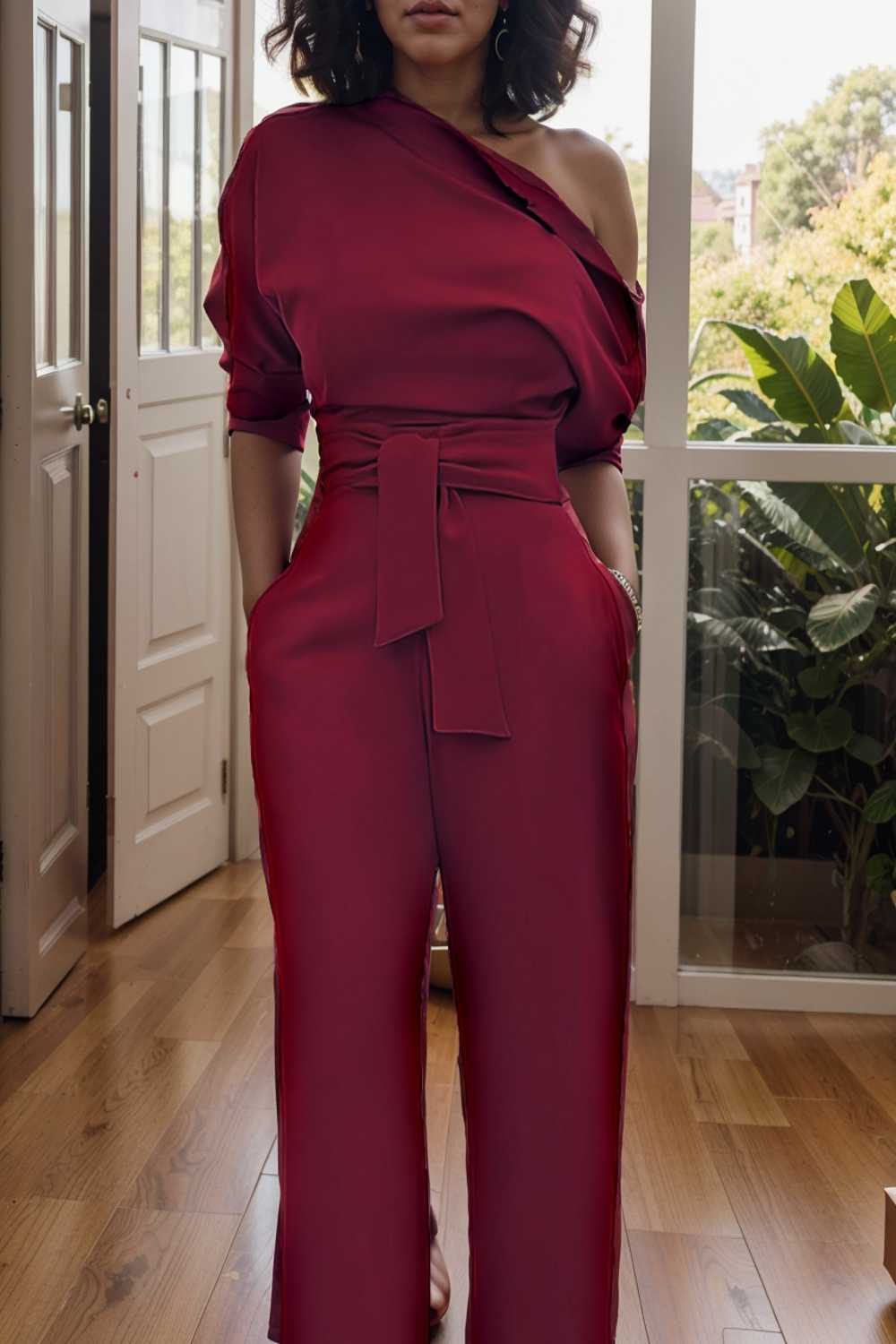 solid color one shoulder short sleeve jumpsuit 109811