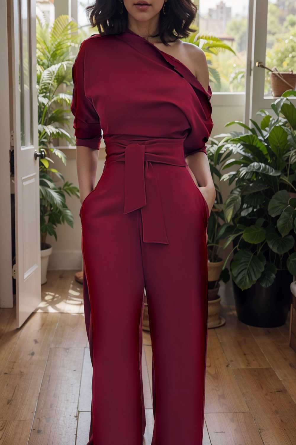 solid color one shoulder short sleeve jumpsuit 112235