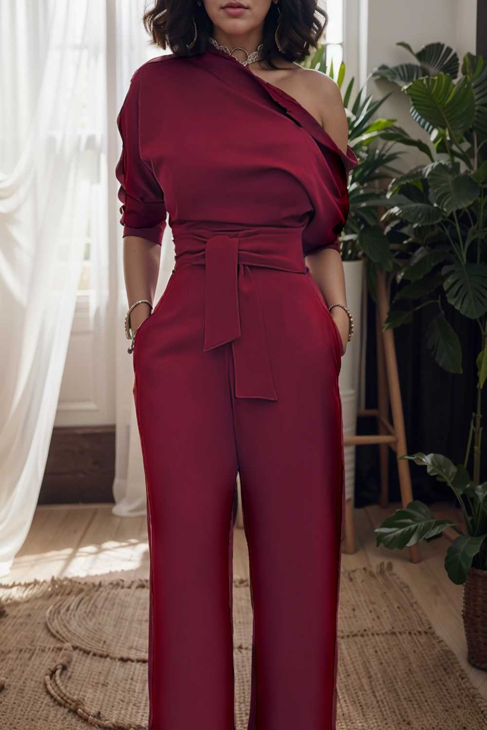 solid color one shoulder short sleeve jumpsuit 109810