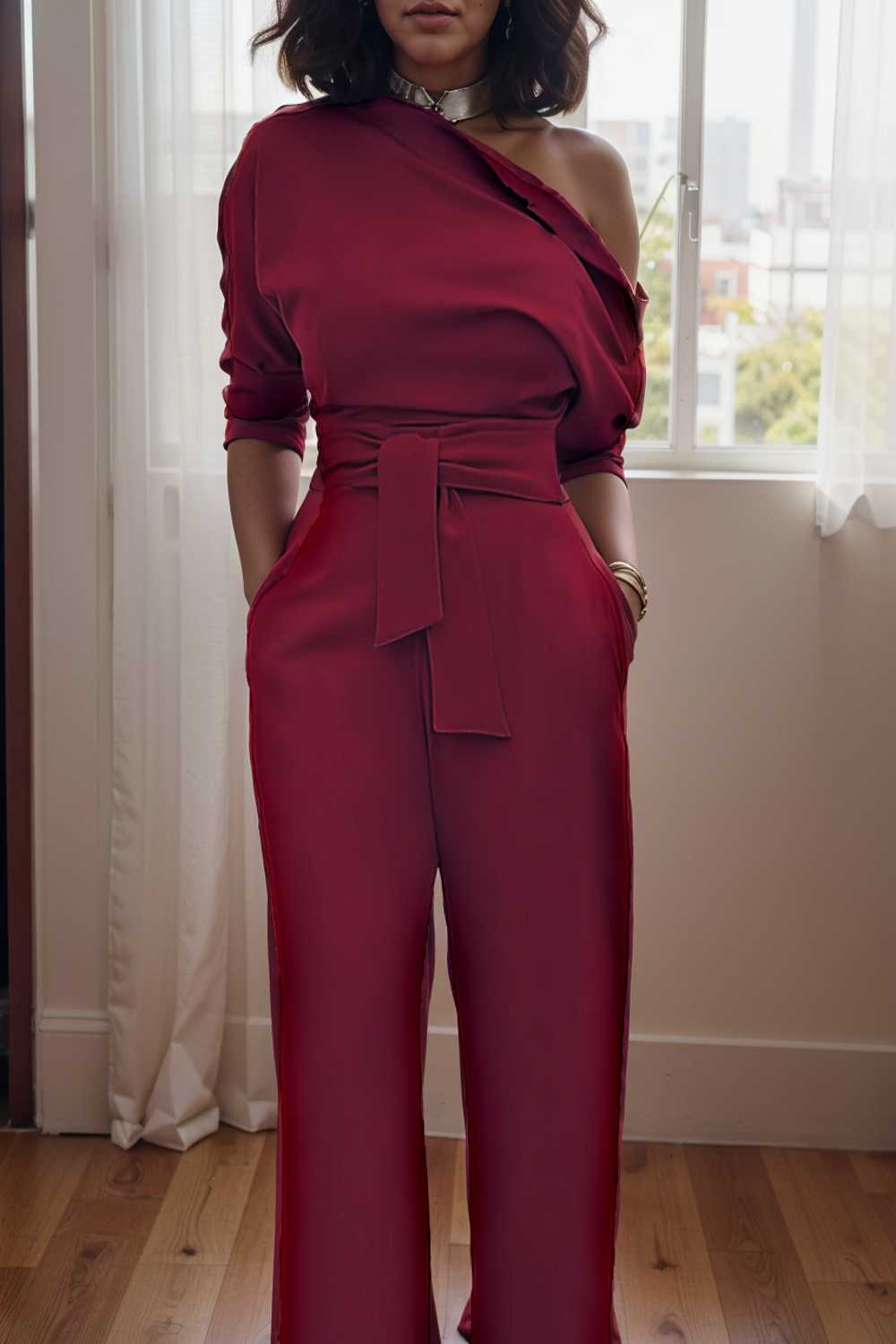 solid color one shoulder short sleeve jumpsuit 109809