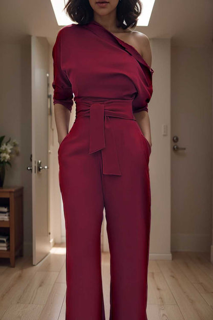 solid color one shoulder short sleeve jumpsuit 108471