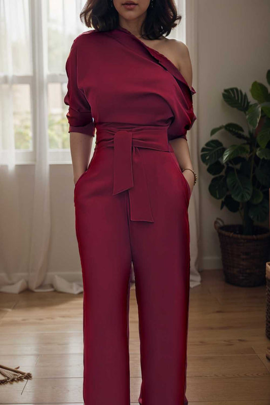 solid color one shoulder short sleeve jumpsuit 112232