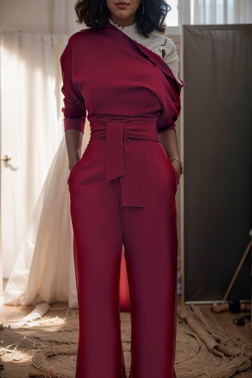 solid color one shoulder short sleeve jumpsuit 109807