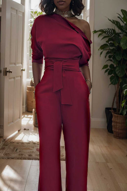 solid color one shoulder short sleeve jumpsuit 112231