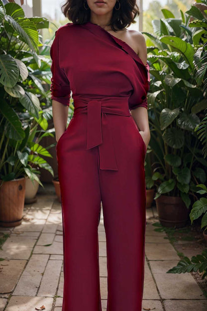 solid color one shoulder short sleeve jumpsuit 109806