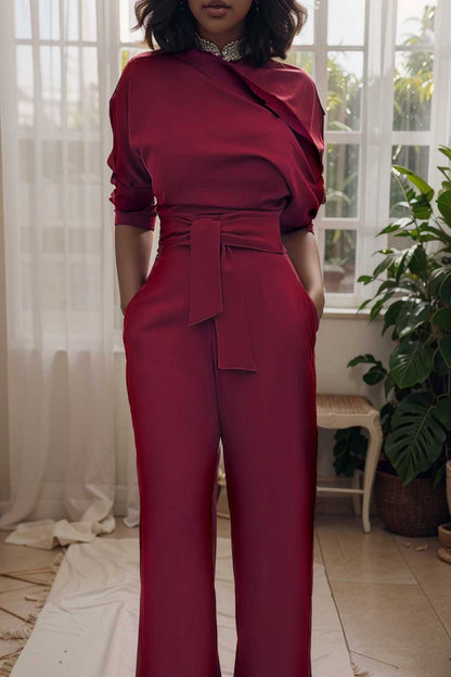 solid color one shoulder short sleeve jumpsuit 112229