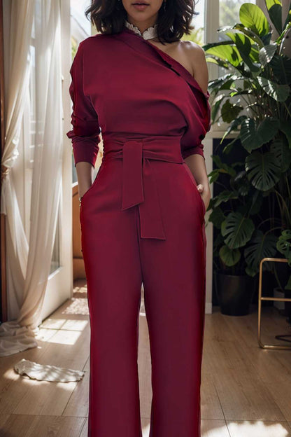 solid color one shoulder short sleeve jumpsuit 112225