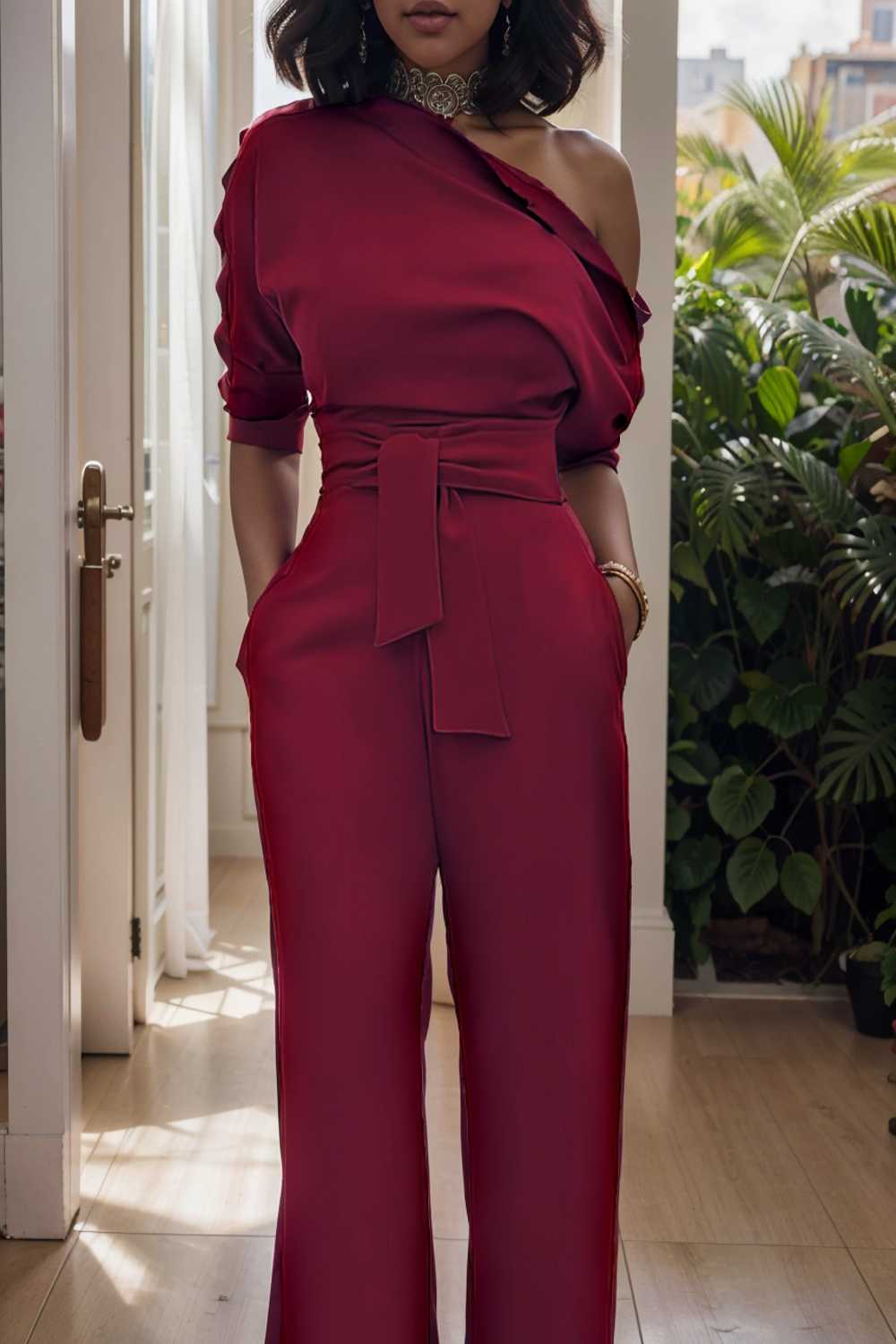 solid color one shoulder short sleeve jumpsuit 110190