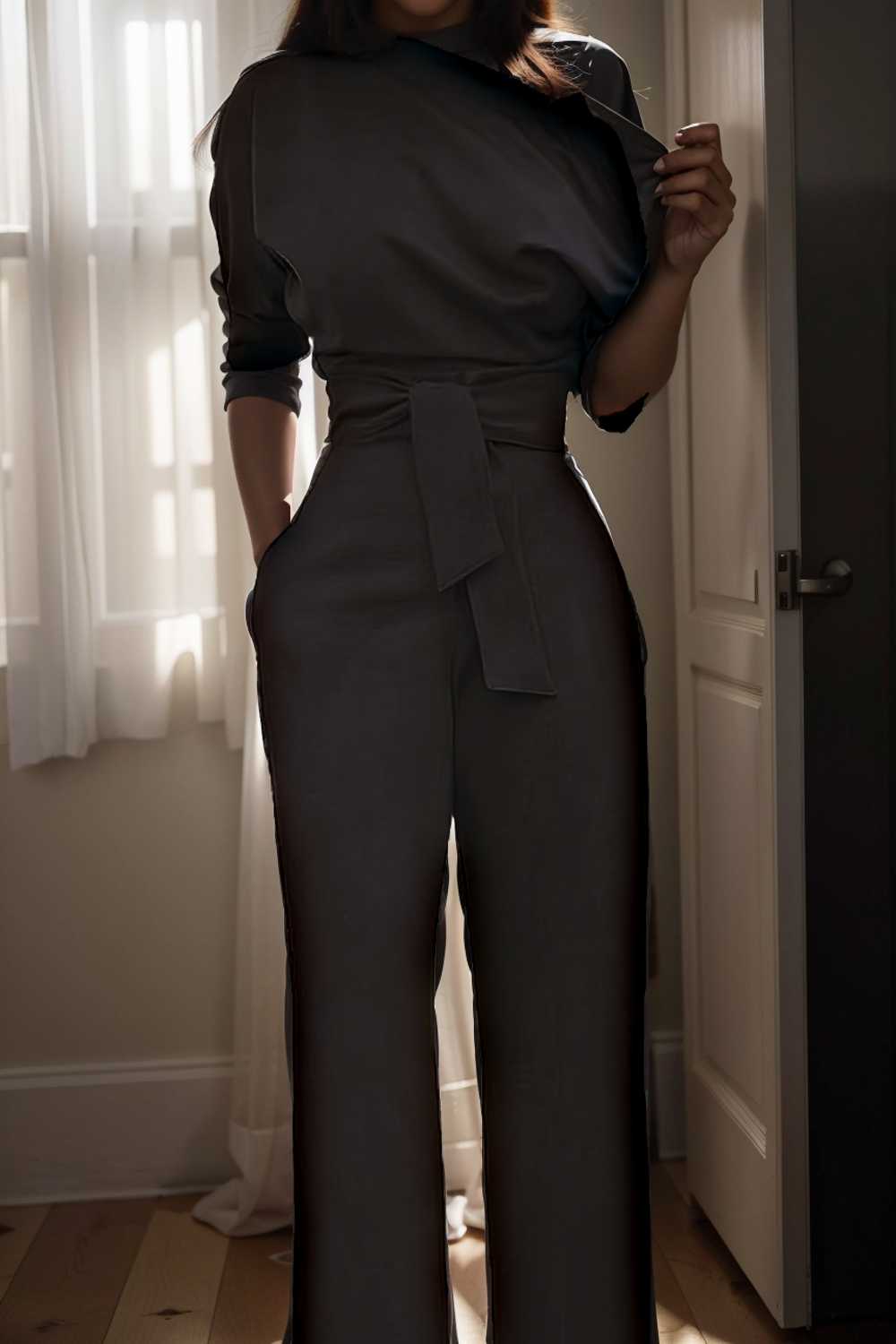 solid color one shoulder short sleeve jumpsuit 112221