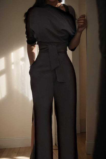solid color one shoulder short sleeve jumpsuit 112208