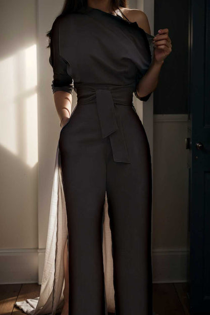 solid color one shoulder short sleeve jumpsuit 112107