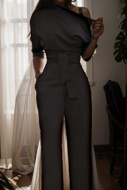 solid color one shoulder short sleeve jumpsuit 112104