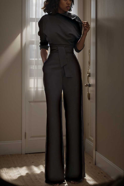 solid color one shoulder short sleeve jumpsuit 112088