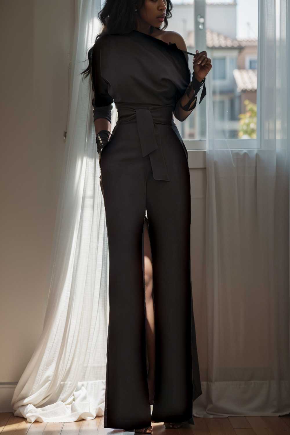 solid color one shoulder short sleeve jumpsuit 112084