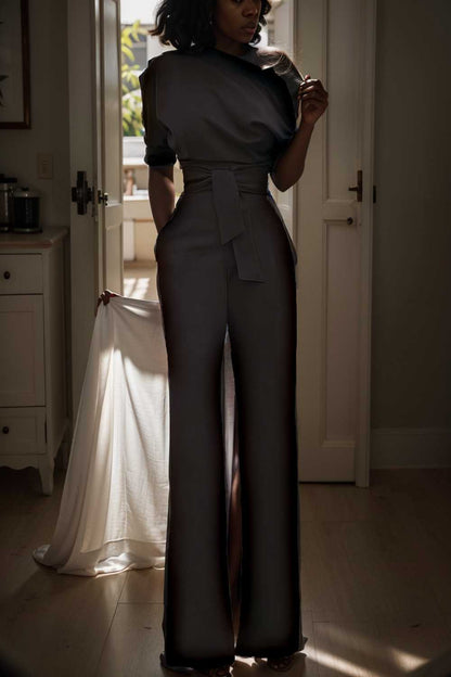 solid color one shoulder short sleeve jumpsuit 112083