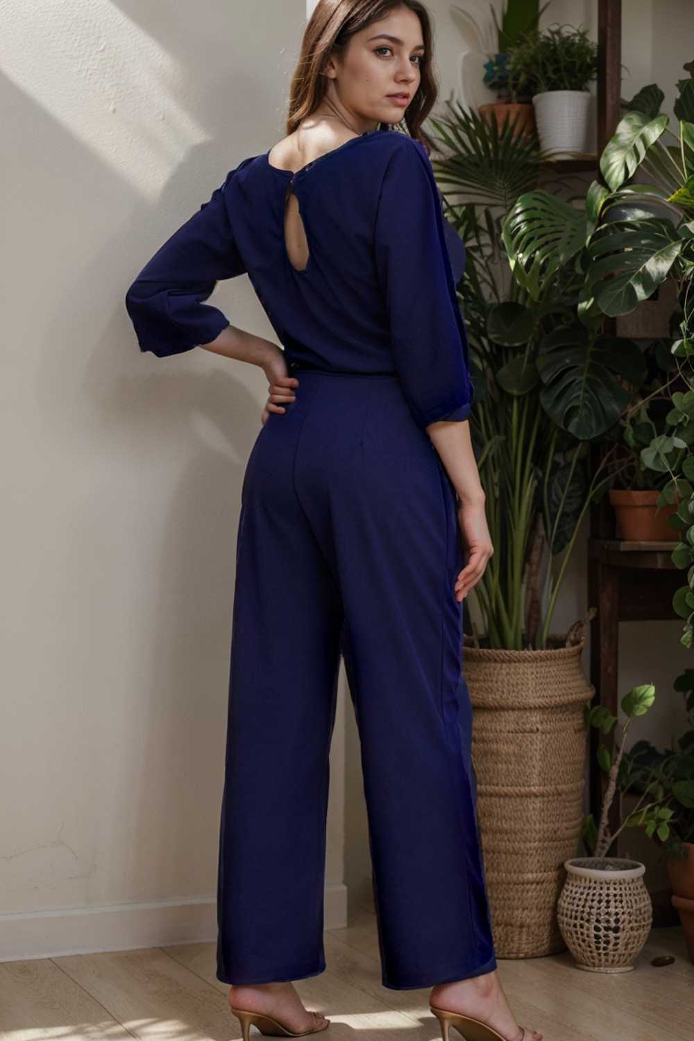 solid color one shoulder short sleeve jumpsuit 109745