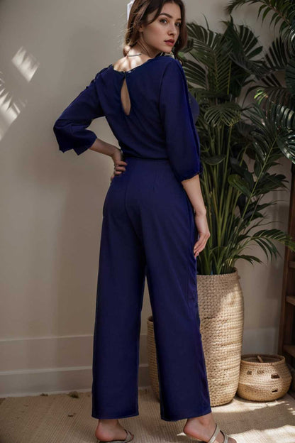 solid color one shoulder short sleeve jumpsuit 110184