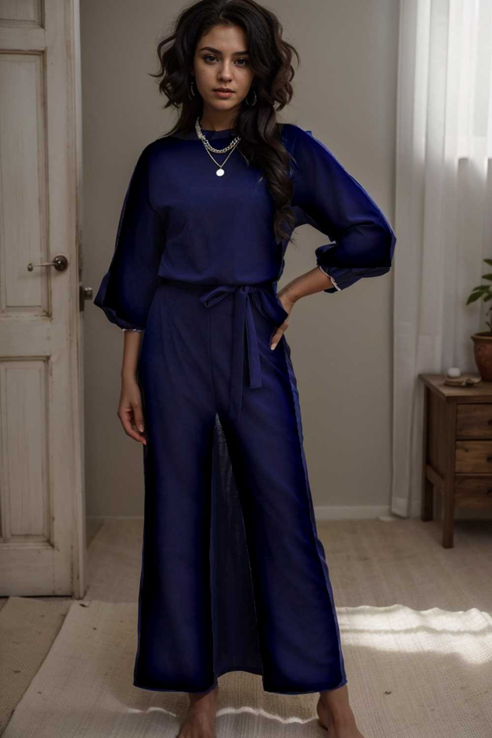 solid color one shoulder short sleeve jumpsuit 109734