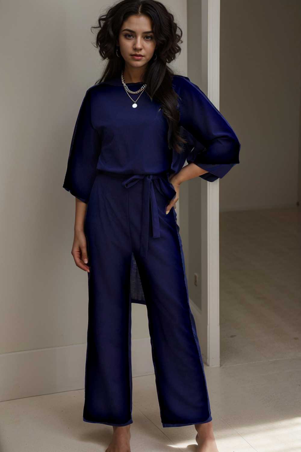 solid color one shoulder short sleeve jumpsuit 109733