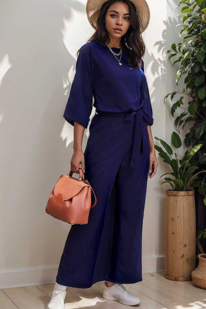 solid color one shoulder short sleeve jumpsuit 108449