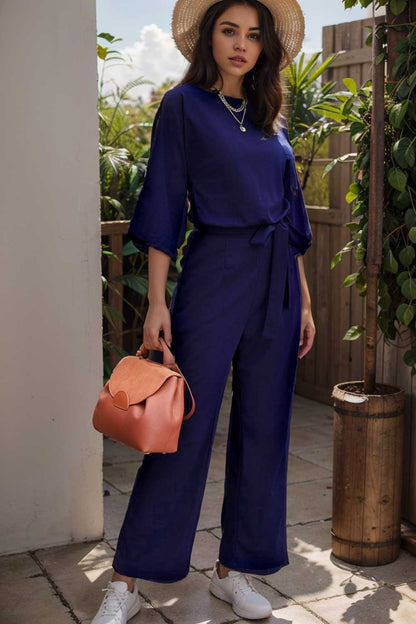 solid color one shoulder short sleeve jumpsuit 109098