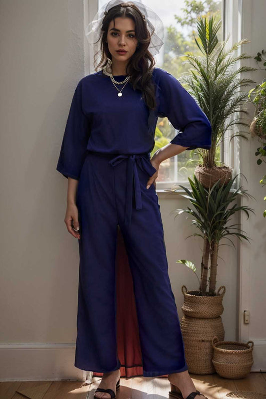 solid color one shoulder short sleeve jumpsuit 111558