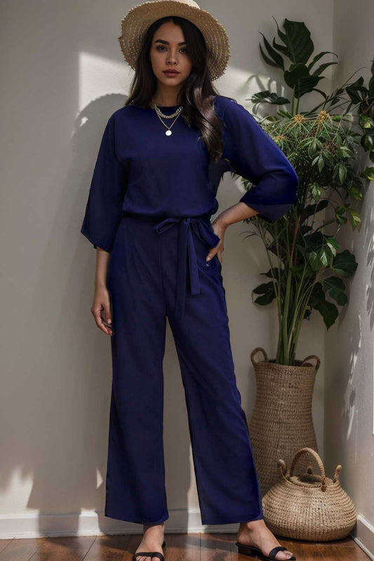 solid color one shoulder short sleeve jumpsuit 104885